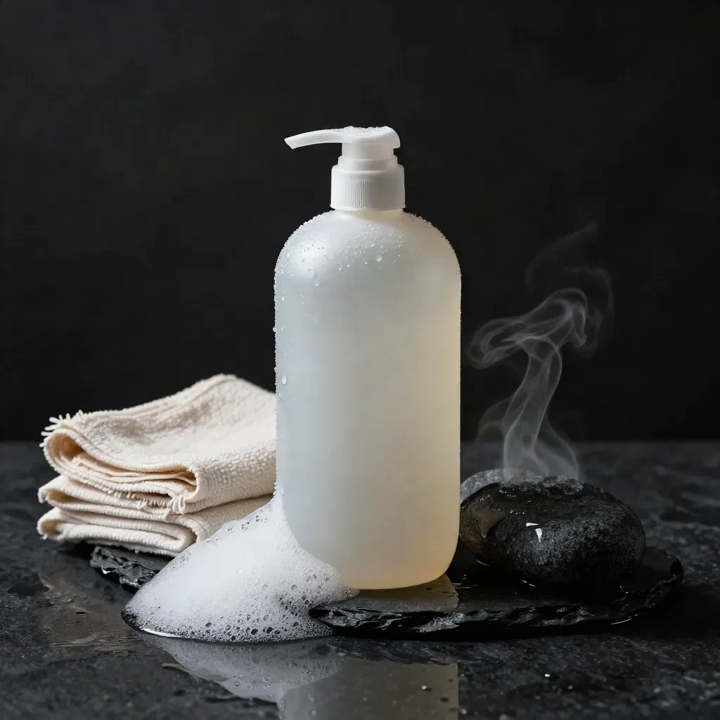 Botella de gel de ducha junto a espuma, gasa y piedra pómez sobre piedra mojada.